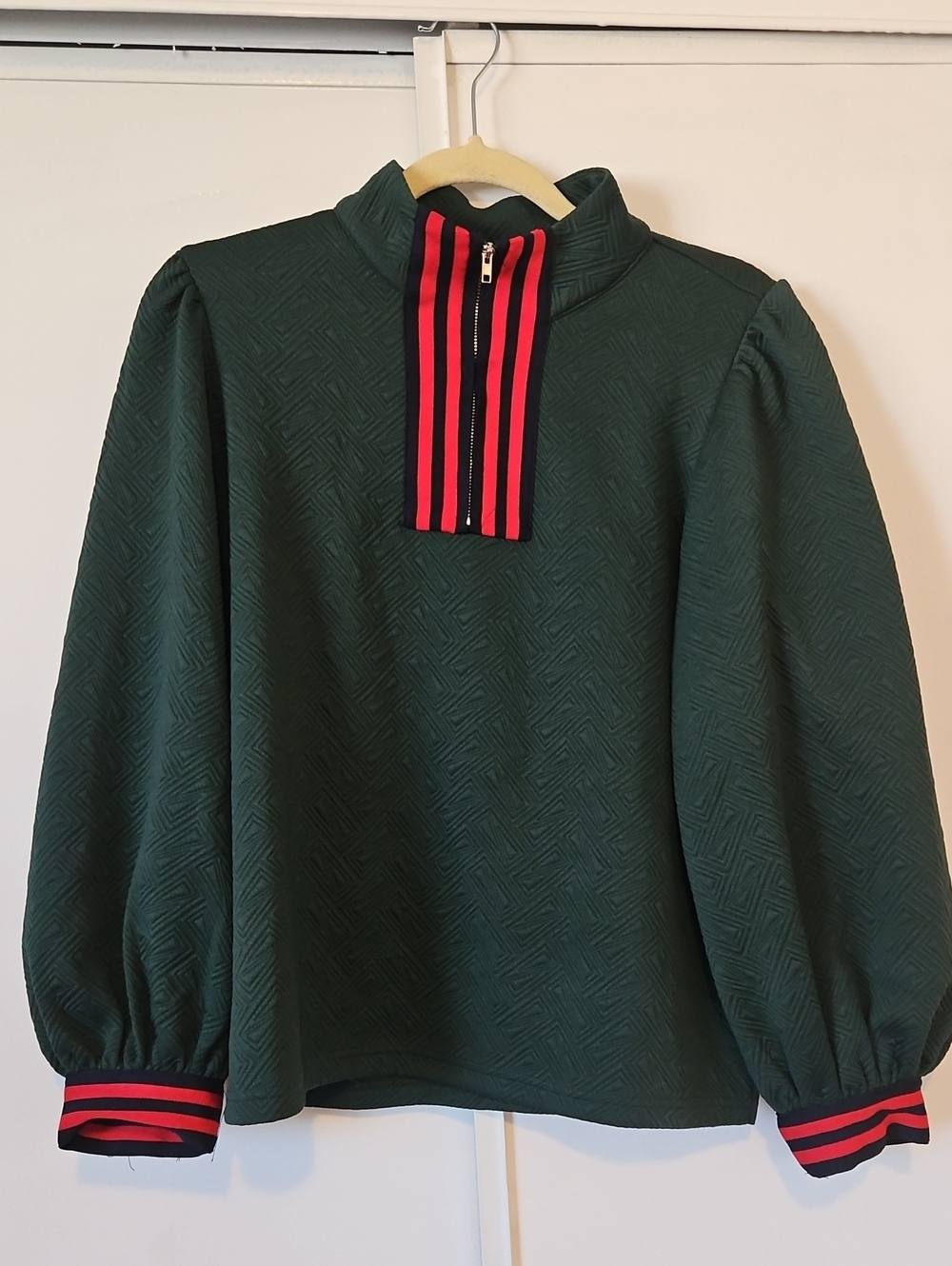 Dark Green Zip-Up Textured Pullover with Red Contrast Trim